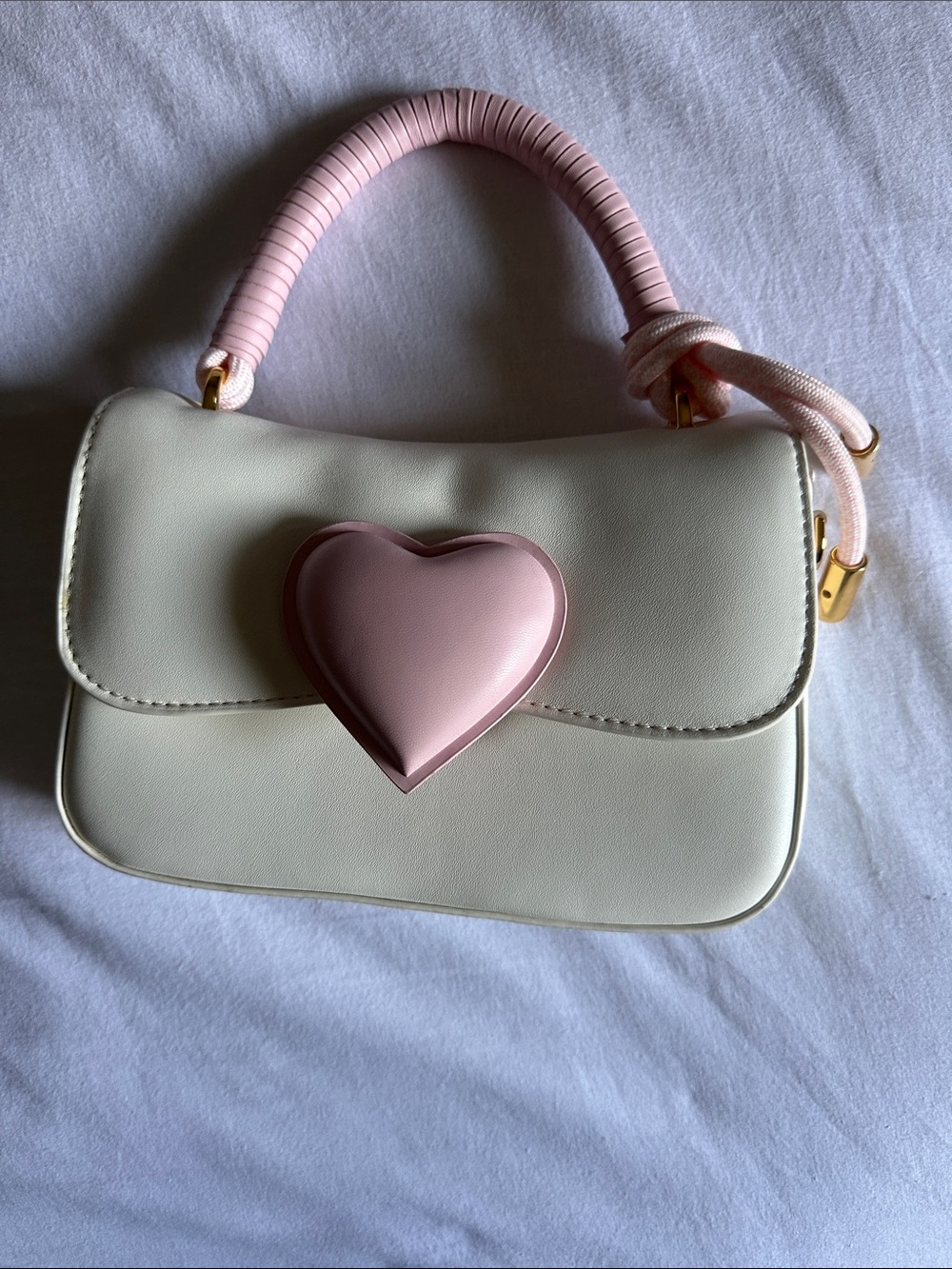Women's Cream Shoulder Bag with Pink Heart Accent